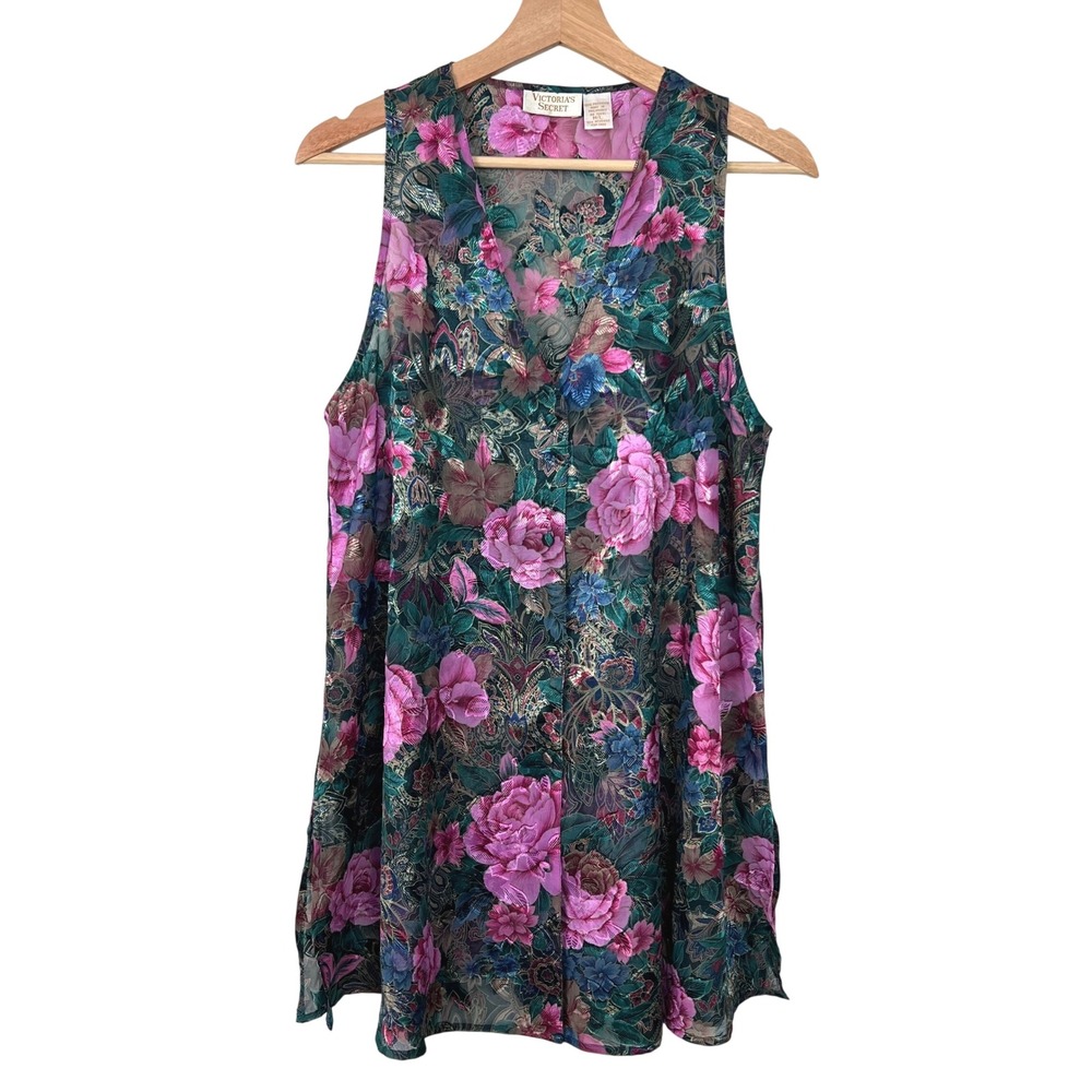 Vintage Victorias Secret Gold Label Floral‎ Rose Sheer Nightie Sleep Shirt M/L
